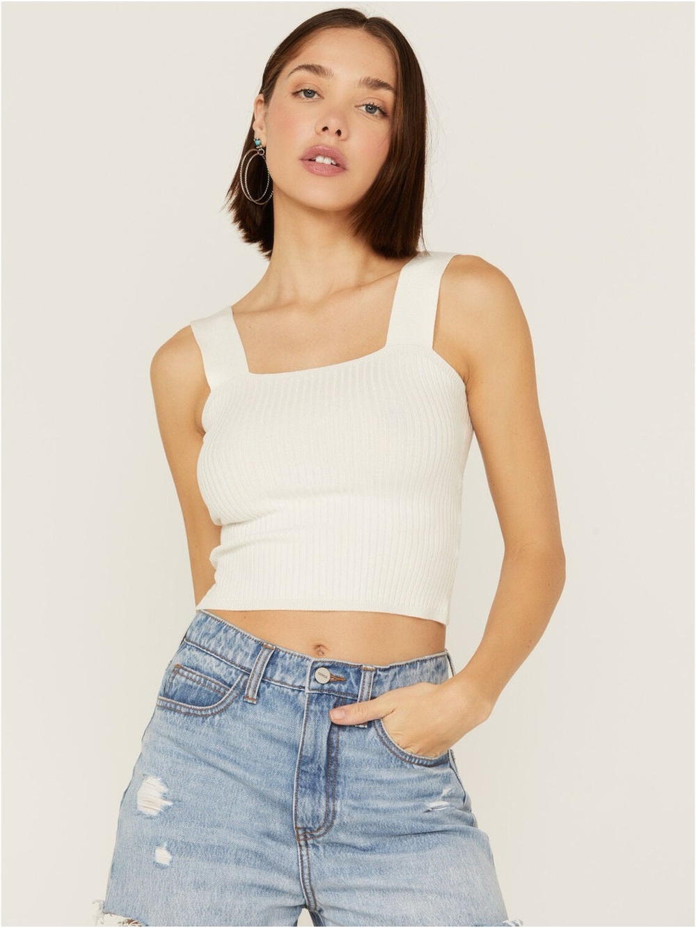 Abercrombie & Fitch Cream Ribbed Square-Neck Crop Tank